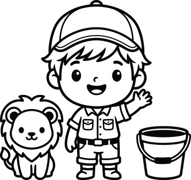 Cute cartoon zookeeper boy waving his hand standing next to a friendly little lion cub and a bucket coloring page for kids.