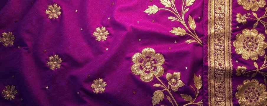 Ornate gold threadwork on vibrant purple sari, dense floral motif, fashion, craft, pattern