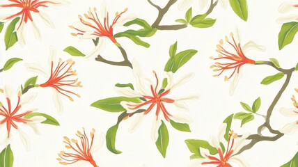 Fototapeta premium Elegant seamless floral pattern featuring white blossoms and green foliage on soft background for decorative textiles and wallpaper.