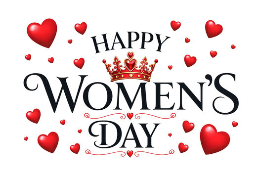 Beautiful happy womens day greeting card with crown and red hearts design isolated illustration