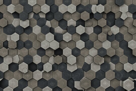 Abstract 3d background, featuring a repeating, pattern of interlocking, hexagonal tiles in, shades of dark, gray, light gray, and muted brown tones