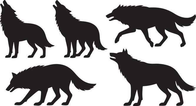 Collection of five black wolf silhouettes in various poses howling and walking on a white background