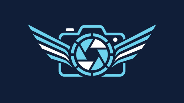 Blue winged camera icon photography studio logo.