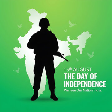 Indian soldier silhouette for Independence Day. Military hero with map of India background.