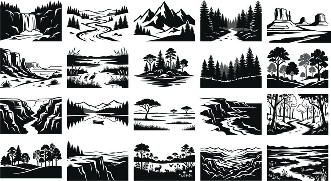 Nature Landscape Silhouette Collection with Mountains Forest Rivers and Scenic Wilderness Vector Set
