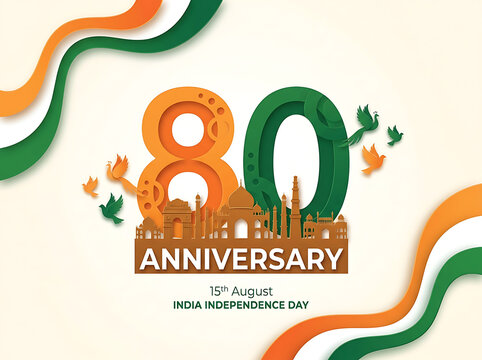 India 80th Independence Day anniversary banner. National celebration with tricolor design.