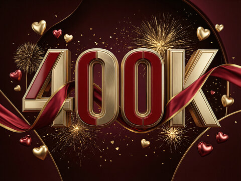 Luxury 400K Celebration Typography with Satin Ribbon, Gold Metallic Hearts, Premium Fireworks, Elegant 3D Number Illustration on Abstract Burgundy Background
