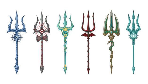 Set of fantasy tridents and magic pole weapons featuring unique mythological designs including Medusa and snake motifs.