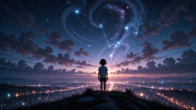 Child Watching Surreal Starry Night Over Cityscape