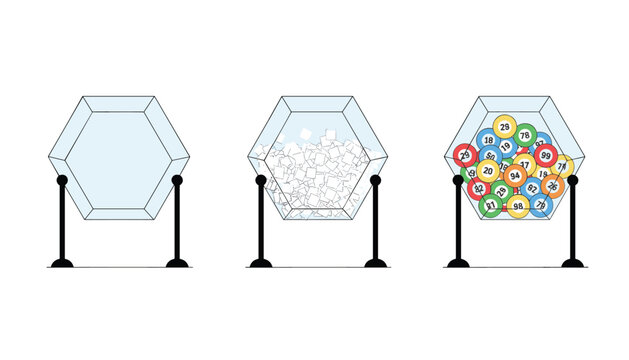 Three stages of a lottery drum machine showing empty, white paper tickets, and colorful numbered bingo balls on white.
