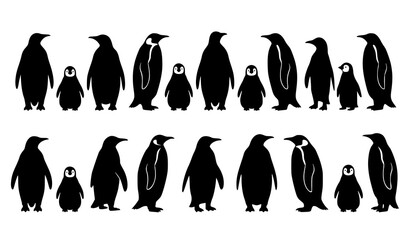 Obraz premium Penguin Silhouette Group Standing in Two Rows Vector Illustration