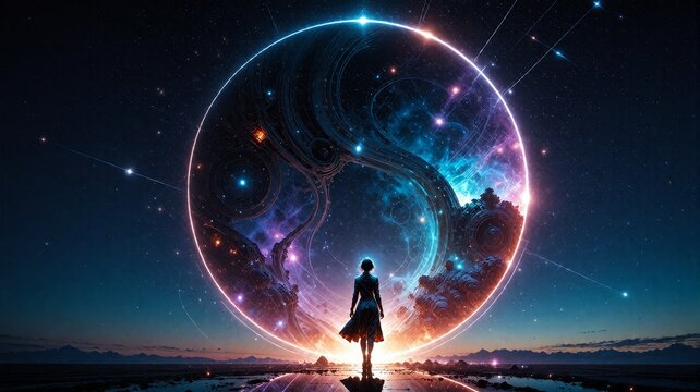 Cosmic Portal Over Horizon with Silhouetted Figure