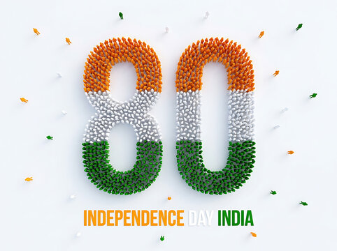 80th India Independence Day celebration. Tricolor number 80 made of small people figures.