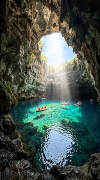 Sunlight streaming into Melissani Cave on Kefalonia Island, Greece, illuminating the crystal-clear turquoise waters of the subterranean lake with tourists on small wooden rowboats.