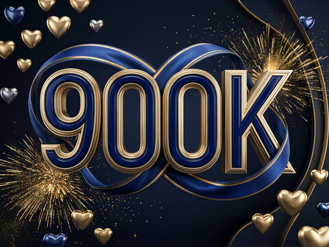 Luxury 900K Celebration Typography with Blue Satin Ribbon, Gold Metallic Hearts, Premium Neon Glow, Elegant 3D Number Illustration on Abstract Sapphire Background