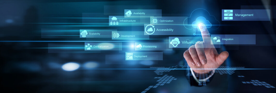 Cloud computing. Software architect hand touch virtual Platform as a Service icon and concept words of PaaS cloud application deployment, database hosting and dev tools. Scalable systems.