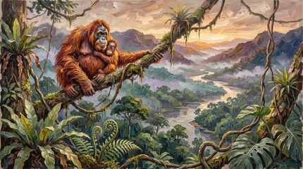 Obraz premium Orangutan mother holding infant on branch overlooking lush valley at sunset
