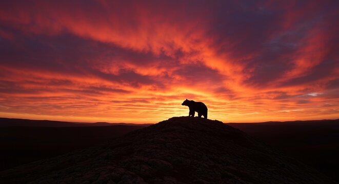 Bear silhouette on a ridge at sunset, vibrant crimson canopy, dramatic sky, wide-angle landscape
