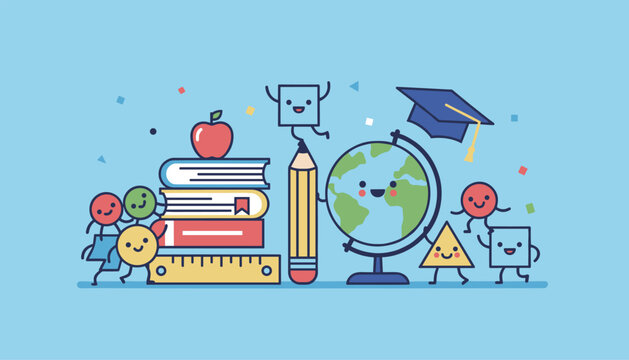 Adorable school supplies with happy smiling faces including books, pencil, ruler, globe, and graduation cap.
