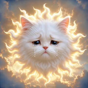 Cute Sad White Sun Cat Cartoon Character with Tears, 3D Animated Fantasy Illustration
