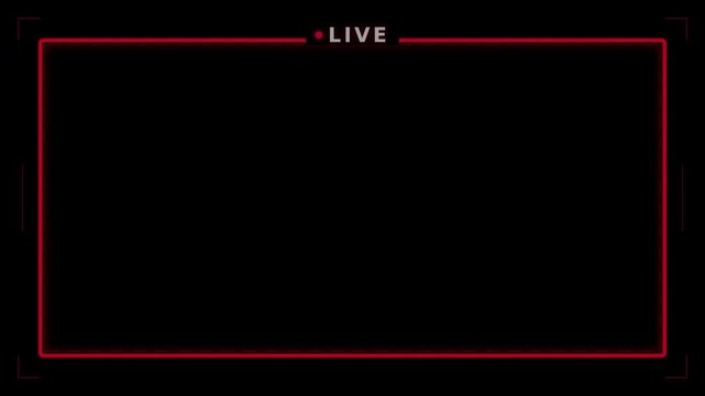 Dynamic motion of a neon live streaming frame with glowing red border in a dark environment.