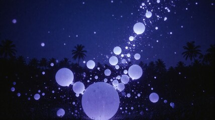 Fototapeta premium Ethereal Glowing Orbs Floating Over Tropical Palm Trees at Night