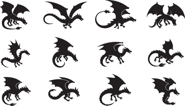 Twelve black silhouette dragon figures in different poses and flight angles showcasing their wings scales and serpentine bodies on a white background