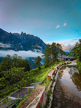 Cloud Covered Mountain Valley View from Scenic Stone Path