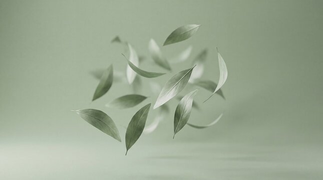 Minimalist green leaves floating in midair against soft pastel background for organic wellness concepts with monochromatic sage green studio backdrop