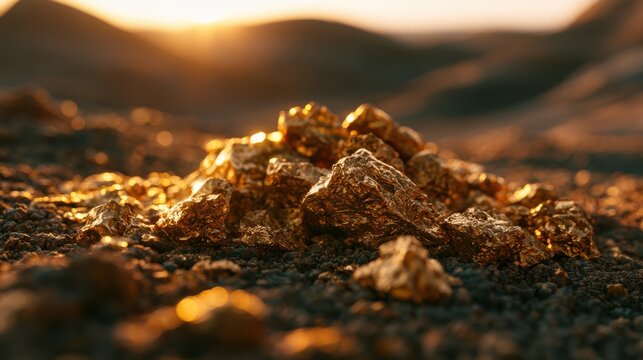 Pile of gold nuggets glittering in sunset light. Wealth and mining concept.
