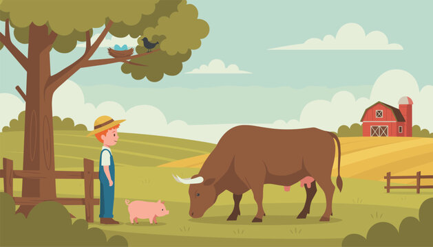 Young farmer boy standing in a countryside meadow with a brown cow and a cute piglet, with a red barn in the background.