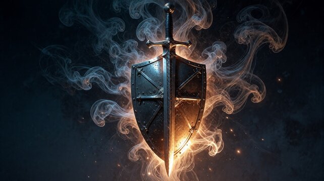 Fantasy Shield and Sword Embodied in Magical Golden Smoke