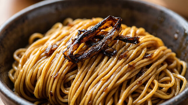 Shanghainese Scallion Oil Noodles Tossed in Soy Sauce and Topped with Crispy Fried Scallions in Ceramic Bowl