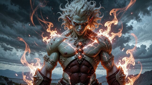 Fiery Demon Warrior with Glowing Energy and Celestial Armor
