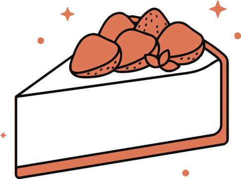 Minimalist flat vector illustration of a creamy strawberry cheesecake slice topped with fresh strawberries and mint leaves. Clean black outlines, vibrant colors, and a modern dessert icon isolated.