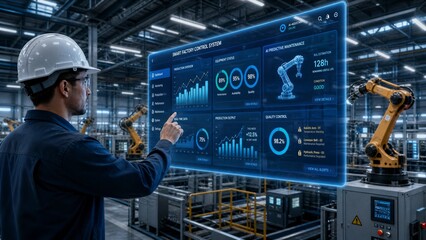 Fototapeta premium Engineer using digital factory dashboard. Industrial worker monitoring automated production.