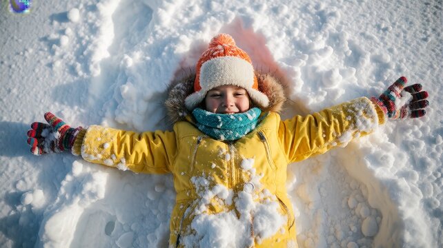Happy Child Making Snow Angel in Winter