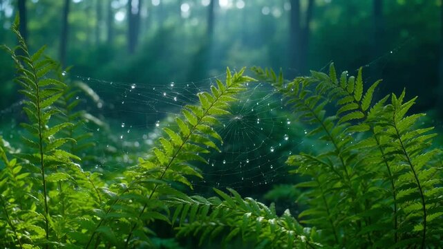 Ethereal forest ferns and delicate spiderwebs sunlight filtering through lush green nature a magical woodland scene