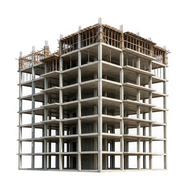 Construction site of a modern concrete multistory building isolated on transparent background