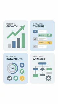 Infographic dashboard displays four distinct modules featuring growth trends, project timelines, data visualization points, and structural process analysis on a clean, light blue background.