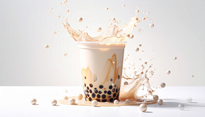 Obraz premium Splashing Bubble Milk Tea in Plastic Cup with Flying Tapioca Pearls and Creamy Liquid