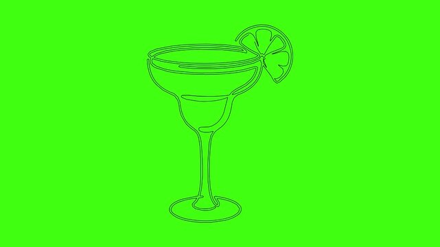 Margarita cocktail glass animation in black continuous line drawing style on green screen background simple minimalist outline art showing drink with lime garnish appearing and disappearing motion.