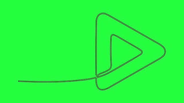 Continuous line drawing animation of play button icon forming then reversing motion on solid green background for video editing overlays and media interface design .