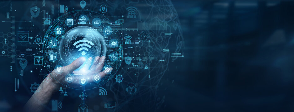 Smart home ecosystem networks require real time sensor communication platforms. A network technician touch a data flow on global network IOT devices to monitor active hardware metrics daily.