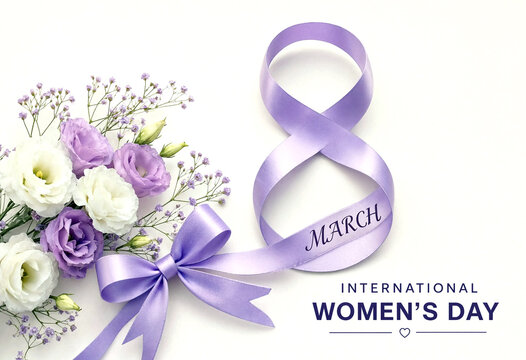 Beautiful purple and white flowers with ribbon for international womens day celebration concept