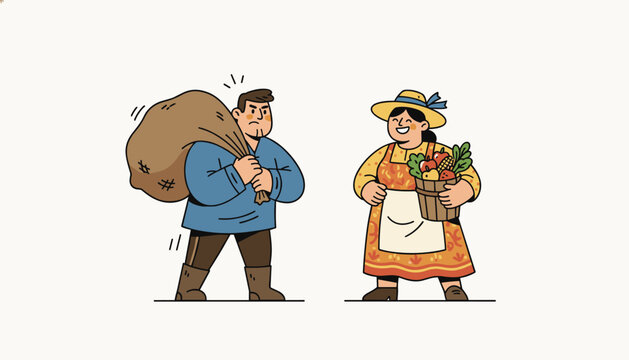 Smiling farm woman with a basket of fresh harvest next to a grumpy man carrying a heavy burlap sack.