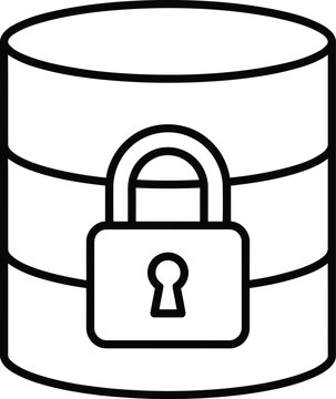 A linear outline icon of a database server protected with a padlock.