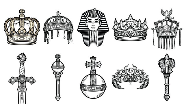 Vintage royal crown and regalia collection, 10 medieval monarch symbols in black and white line art, ancient pharaoh and knightly heraldry vector set