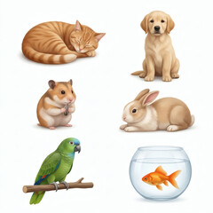 Fototapeta premium Domestic pets including a sleeping ginger cat, golden puppy, hamster, rabbit, parrot, and goldfish in a bowl are displayed together on a plain white background for veterinary clinic branding.