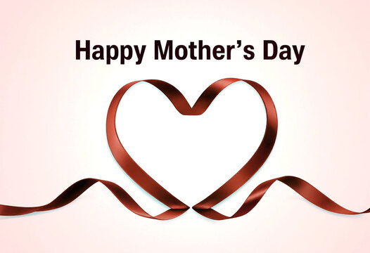 Beautiful red ribbon shaped into a heart for happy mothers day celebration greeting card design